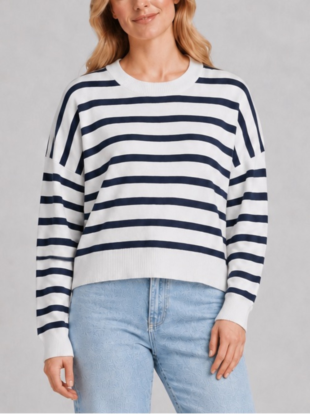 🆕🫐 AQUA Navy & White Striped Knit Sweater Crewneck Oversized Cotton Pullover XXL